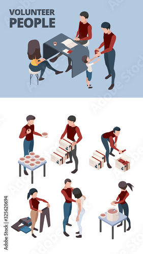 Caring community. Help donation team volunteers people teamwork homeless poverty person vector isometric set. Volunteer care and help  social service for homeless aid illustration