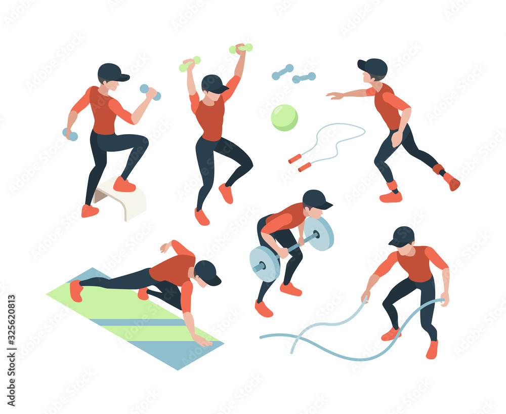 Cardio training. Fitness dynamic exercises woman and man doing sport gymnast lifting vector gym isometric people. Fitness man workout, cardio activity illustration Cardio training. Fitness dynamic exercises woman and man doing sport gymnast lifting vector gym isometric people. Fitness man workout, cardio activity illustration
