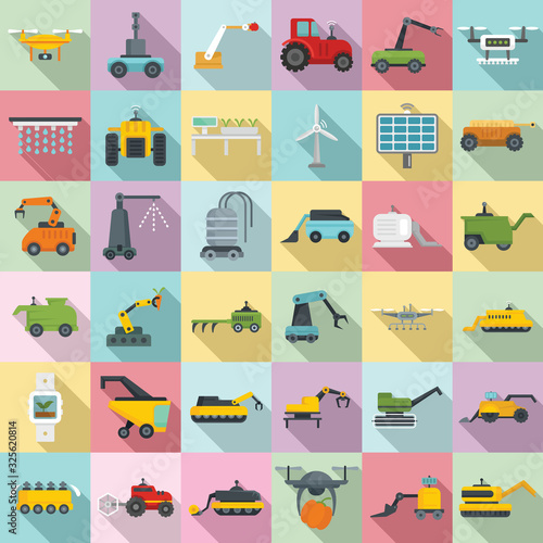 Farming robot icons set. Flat set of farming robot vector icons for web design