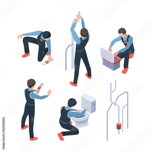Plumber service isometric. Repair bathroom fixing washroom and toilet systems making pipeline vector illustration. Plumber isometric, toilet fixing