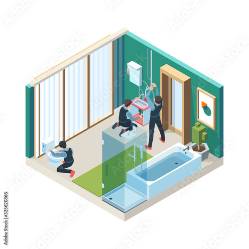 Repair bathroom. Plumber workers install pipelines in washing room vector concept pictures isometric. Plumber isometric handyman, craftsman installing, sanitary industry illustration