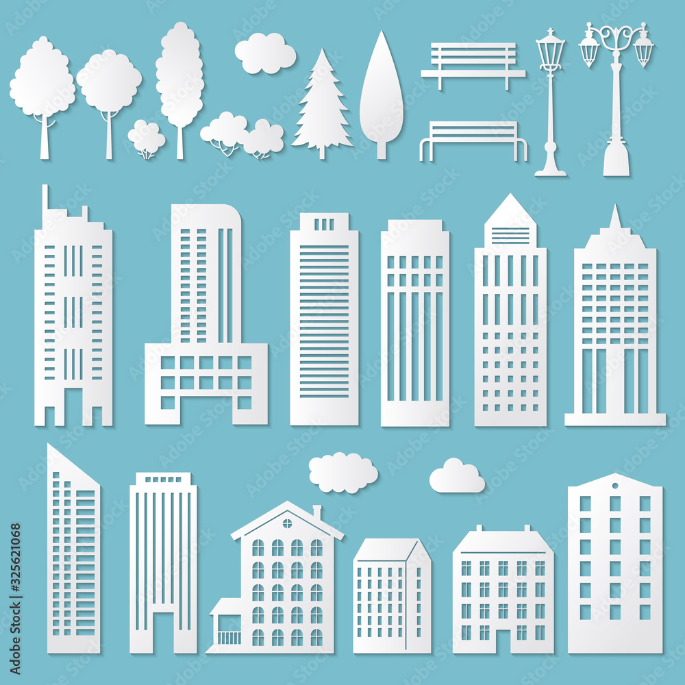 Paper house. White origami cut cardboard buildings with shadows vector ...