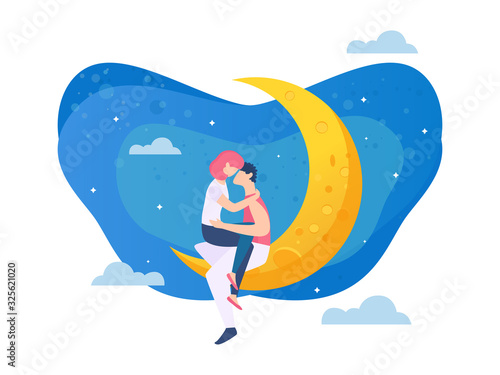 Bright Poster Sexual Relationship Cartoon Flat. Romantic Banner Good Relationship to Live Together in Marriage. Flyer Adult Girl and Boyfriend Sit for Month and Kiss. Vector Illustration.