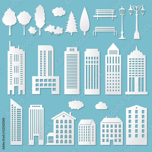 Paper house. White origami cut cardboard buildings with shadows vector silhouettes of papercut town. Papercut silhouette skyscraper, cardboard elements tree and bench illustration