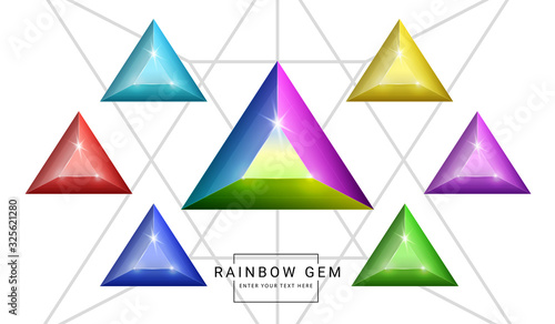 Set of rainbow color fantasy jewelry gems, triangle shape stone for game.