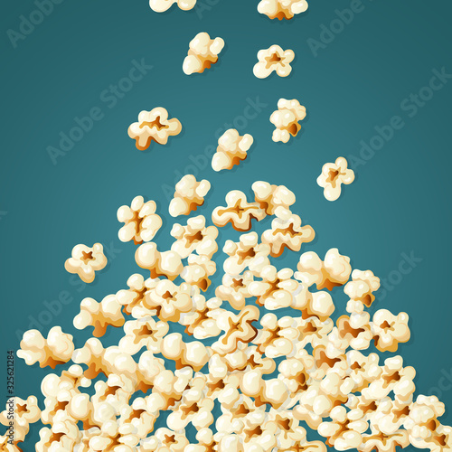 Popcorn falling. Stack of white snacks for movie time souffles corns vector illustration. Popcorn snack, food salty and sweet, eat crispy sweetcorn