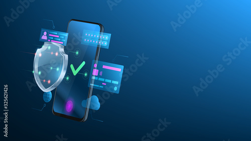 Smartphone protection concept. Concept of mobile payments, personal data protection, cloud security. 3d side view on cell phone with glass shield. Digital technology template. Vector illustration.