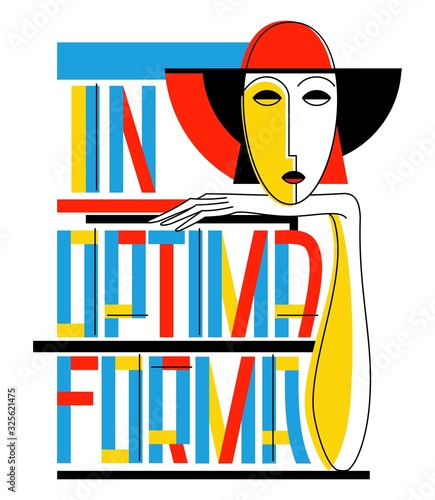 A woman's head in the hat resting on her arm. Lettering "In optima forma". In the style of the 20s.