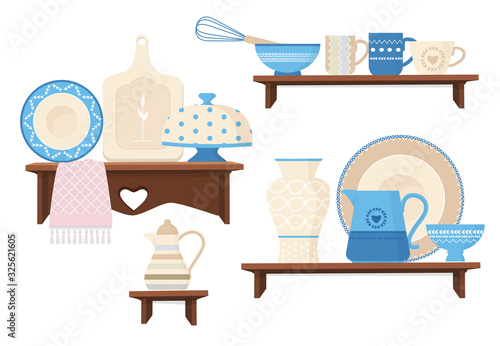 Ceramic kitchen cookware. Cafe restaurant equipment decorative handmade colored dishes mugs teapots plating vector stylish cookware. Kitchen cookware, household teacup and jug illustration