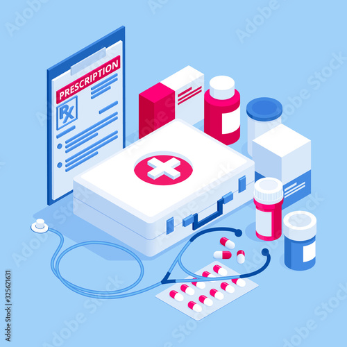 Isometric Online Medical Consultation. Health care Concept. Health Insurance, Online Prescription. Online diagnosis concept banner with characters.