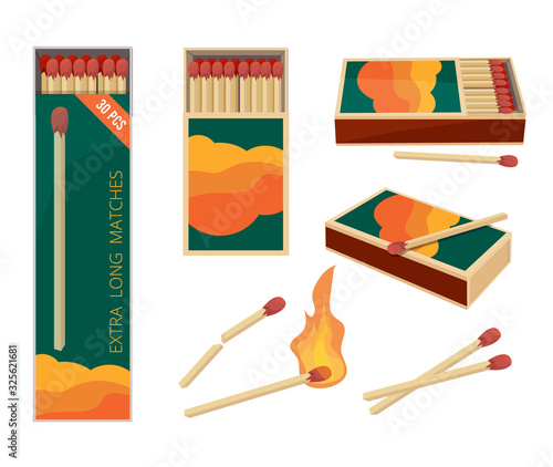 Matches cartoon. Fire symbols dangerous wooden matches safety matchstick in box burning flame vector collection. Matchbox wooden, flammable matchstick illustration