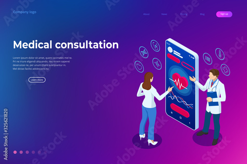 Isometric Online Medical Consultation. Health care Concept. Health Insurance, Online Prescription. Online diagnosis concept banner with characters.
