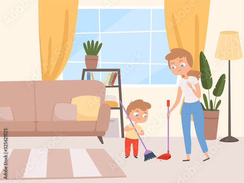 Housework children help. Kids washing living room with parents cleaning house with father and mother vector cartoon characters. Illustration child and mother cleaning room