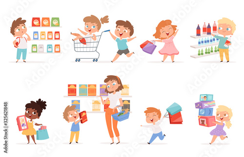 Grocery kids. Parents with children shopping purchase products and toys vector cartoon pictures. Woman with kid buy purchase, product shopping goods illustration