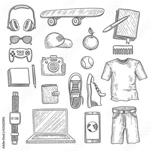 Teenage accessories. Young person stuff elements wardrobe items modern clothes headphones gadgets vector hand drawn set. Teen clothes, things stuff, hand drawn, teenage headphone gadget illustration
