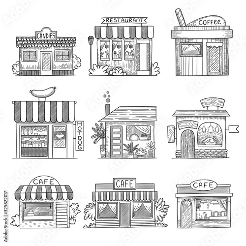Cafe buildings. Hand drawn shop restaurants small vector buildings set. Illustration building architecture, sketch storefront, facade and showcase
