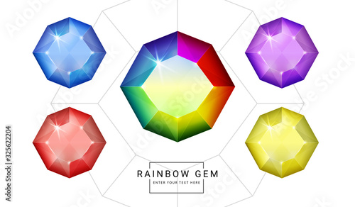 Set of rainbow color fantasy jewelry gems, polygon shape stone for game.