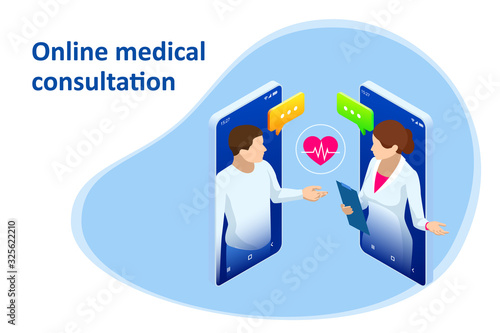 Isometric Online Medical Consultation. Health care Concept. Health Insurance, Online Prescription. Online diagnosis concept banner with characters.