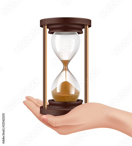 Sand watches in hand. Time management concept realistic hand and historical retro clocks vector illustration. Hourglass time, timer clock sandglass