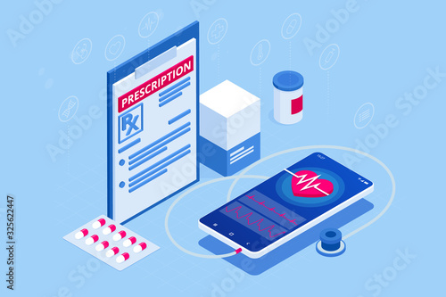 Isometric Online Medical Consultation. Health care Concept. Health Insurance, Online Prescription. Online diagnosis concept banner with characters.