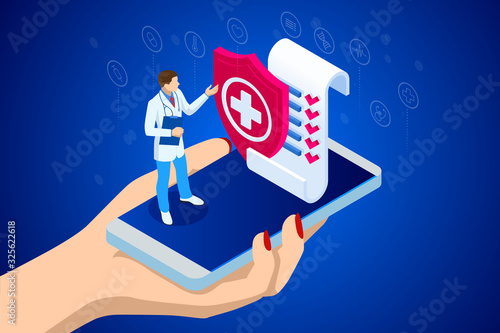 Isometric Online Medical Consultation. Health care Concept. Health Insurance, Online Prescription. Online diagnosis concept banner with characters.