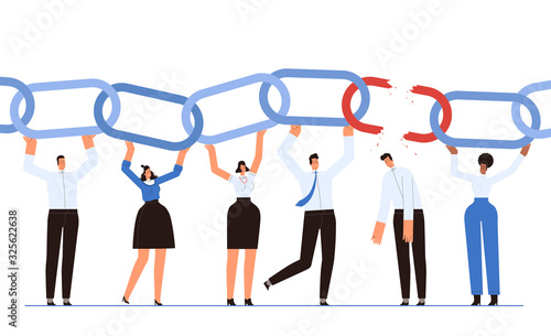 A team of businessmen holds the chain as a symbol of successful teamwork. The man broke the chain link and let his team down. The concept of failures and losers