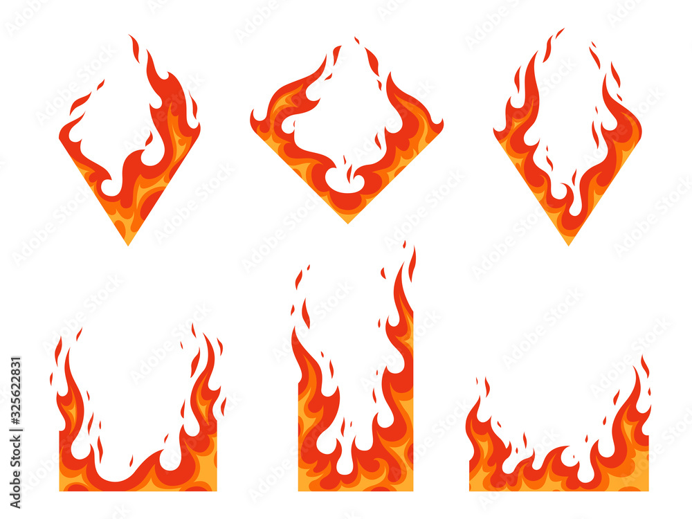 Vector set of fire frames. Burn hot, power heat, energy flammable illustration. Flame in the shape of a diamond and a rectangle for different design