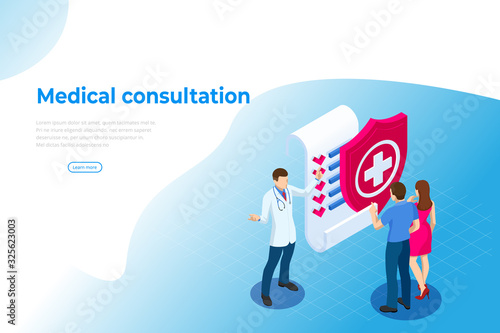 Isometric Online Medical Consultation. Health care Concept. Health Insurance, Online Prescription. Online diagnosis concept banner with characters.