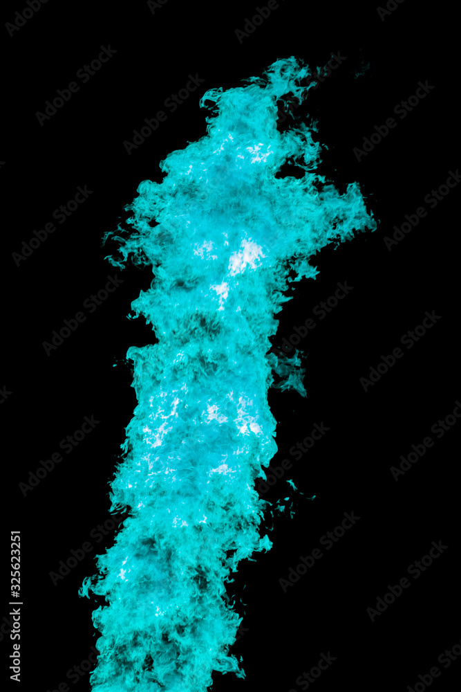 Aqua menthe color of fire flames blazing fiery burning isolated on a black background