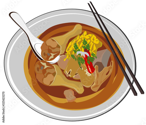 Chinese roll noodle soup with crispy pork, paste of rice flour, Pork Lungs, Tofu Food in Thailand, Noodle type 