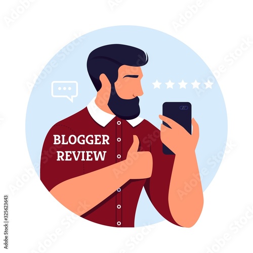 Poster Written Blogger Review Best Burbershop. Handsome Man Advertises Services Hairdresser, Stylist and Puts Photos on Internet, Showing Changes Recommended by Specialist Cartoon. photo