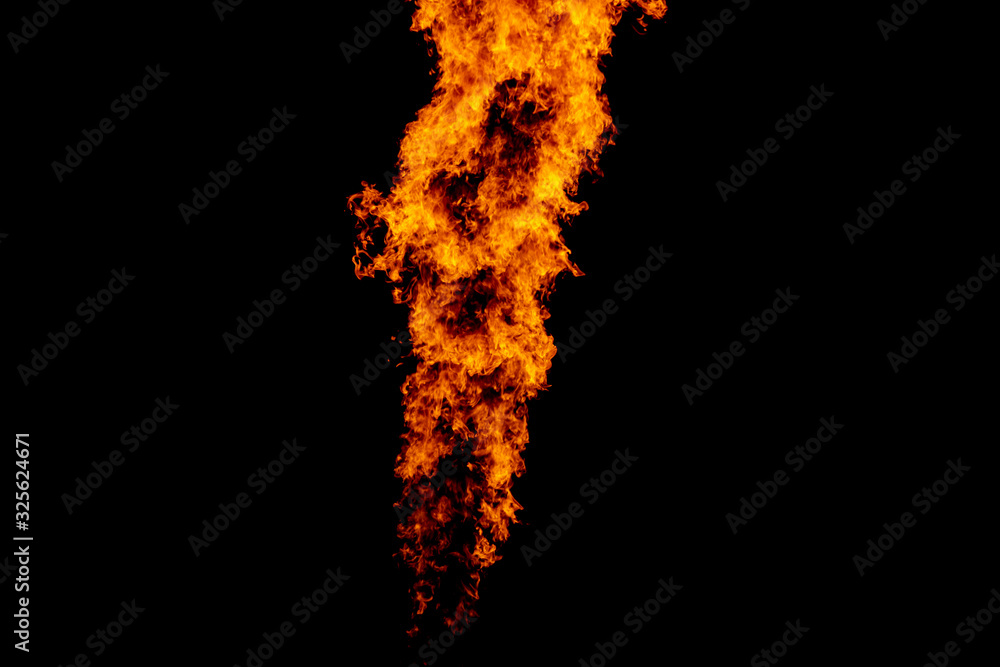 Yellow red and orange fire flames blazing fiery burning isolated on a black background