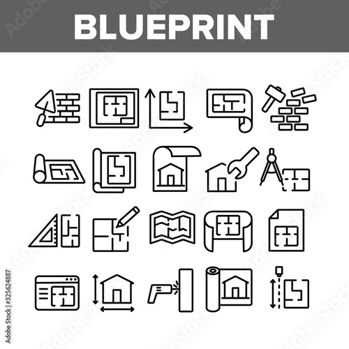 Blueprint Architecture Collection Icons Set Vector. House Project On Blueprint, Brick Wall With Construction Spatula, Hammer And Puncher Concept Linear Pictograms. Monochrome Contour Illustrations