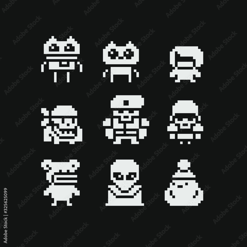 Abstract characters pixel art icons set, design for logo, sticker, stamp, web, logo shop, mobile app, isolated vector illustration. Game assets 1-bit sprite. 