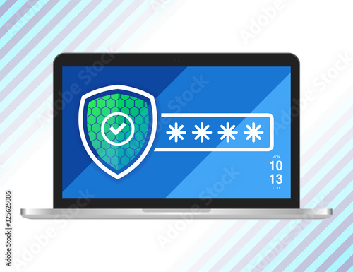 Laptop with password icon in flat style. Computer access illustration Vector