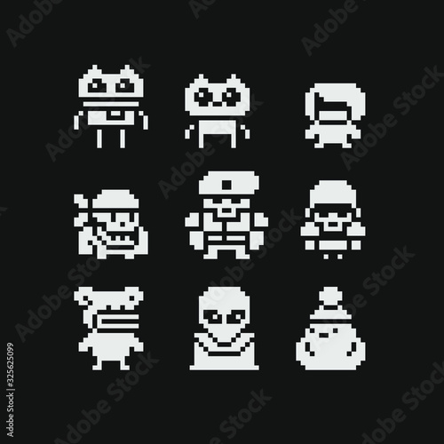 Abstract characters pixel art icons set, design for logo, sticker, stamp, web, logo shop, mobile app, isolated vector illustration. Game assets 1-bit sprite.  © thepolovinkin