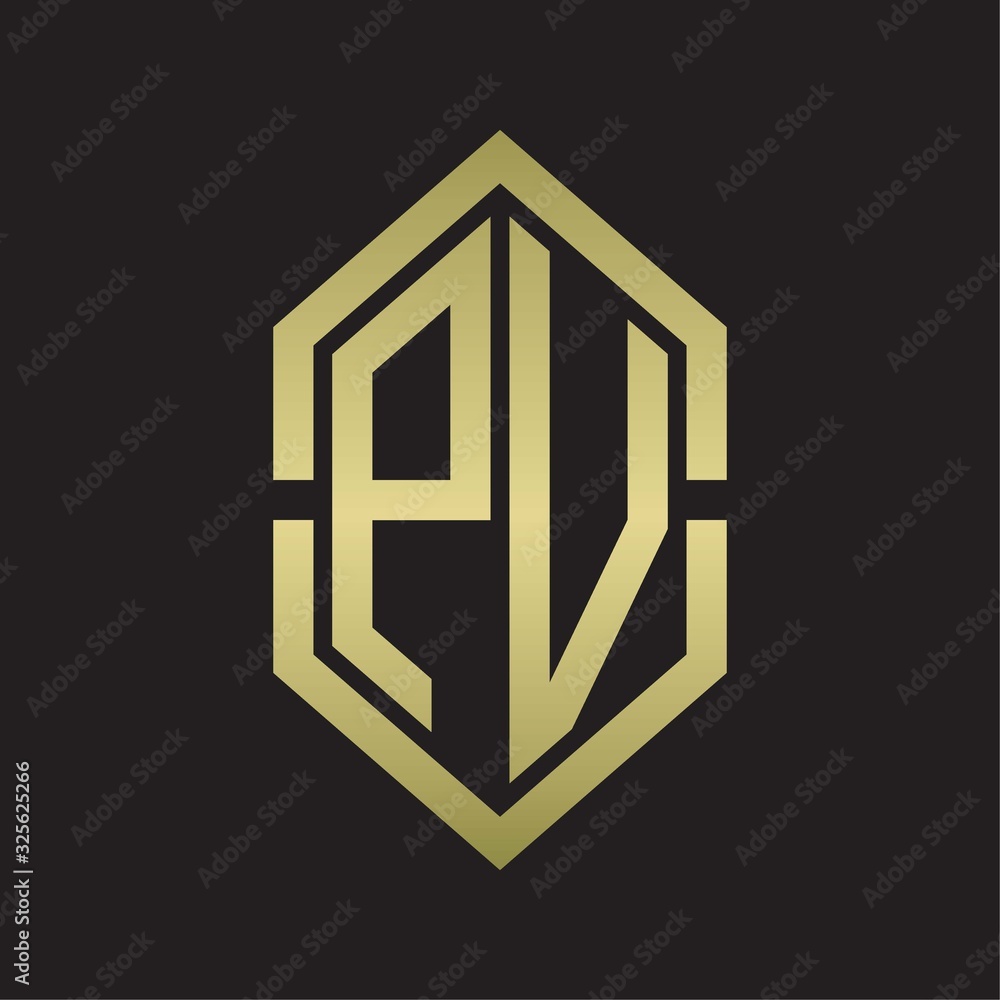 PV Logo monogram with hexagon shape and outline slice style with gold colors PV Logo monogram with hexagon shape and outline slice style with gold colors