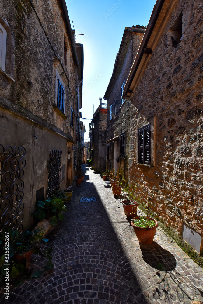 Collepardo, Italy, 02/22/2020. An alley between the old stone houses of a medieval village.