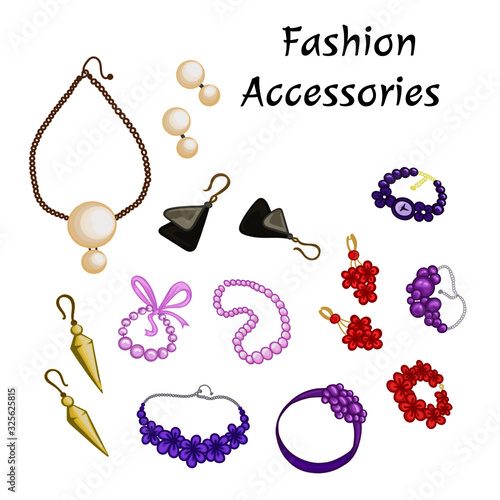 fashion jewelry accessories set bracelets earrings beads watch elements female girlish bright illustration vector