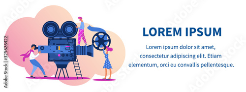 Movie Production Process with Actors and Staff Making Cinema. Operator Shooting Film on Videocamera, Woman Holding Film Reel. Moviemaking Industry Cartoon Flat Vector Illustration, Horizontal Banner
