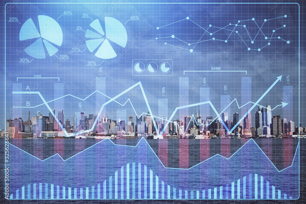 Forex graph on city view with skyscrapers background double exposure. Financial analysis concept. Forex graph on city view with skyscrapers background double exposure. Financial analysis concept.