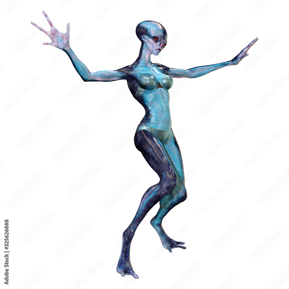 3D Rendering Blue Female Alien on White