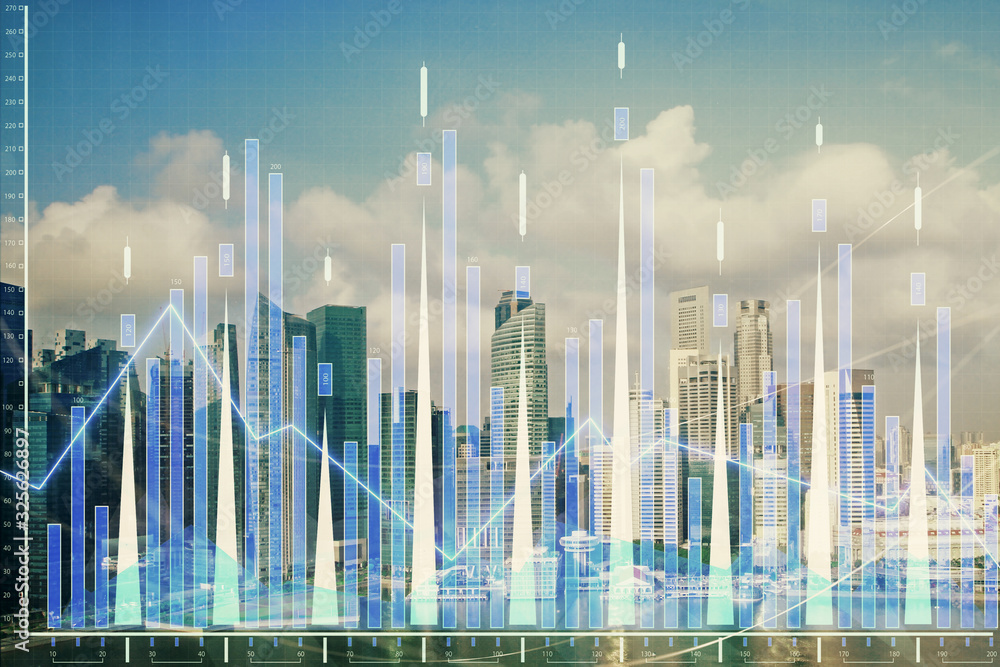 Forex chart on cityscape with skyscrapers wallpaper multi exposure. Financial research concept. Forex chart on cityscape with skyscrapers wallpaper multi exposure. Financial research concept.