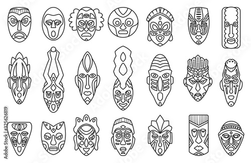 African mask outline set icon.tribal African mask outline vector illustration on white background .Vector illustration set icon face voodoo.