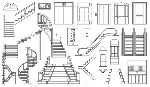 Staircase and lift vector outline set icon.Vector illustration stair and escalator.Isolated outline icon wooden of metal staircase on white background. photo