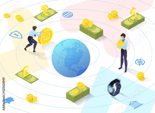 Bright Banner Service Money Conversion Isometric. Development Banking Services in Qualitative Aspect. In Center Globe around him Man Rolls Gold Coin, next to him is Guy with Money.