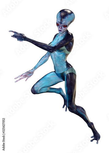 3D Rendering Blue Female Alien on White