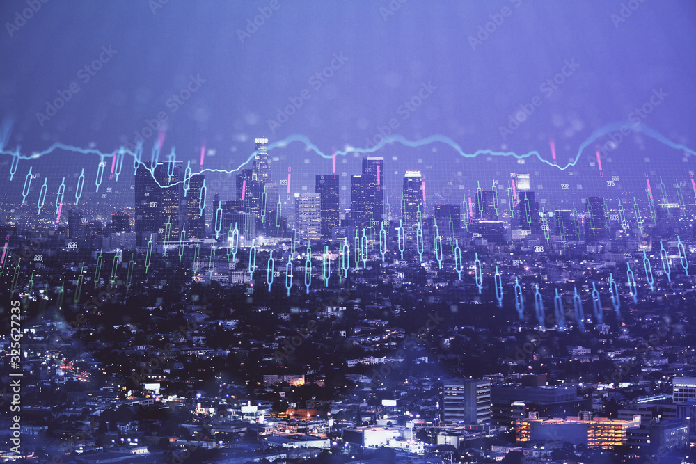 Obraz premium Financial graph on night city scape with tall buildings background double exposure. Analysis concept.