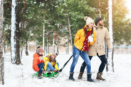 Obraz na plátně Happy family sledging in park on winter day