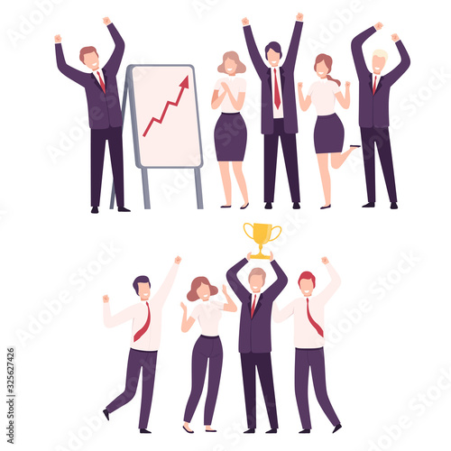 Business People Celebrating Victory Set, Office Team Achievements, Employees Characters Dressed in Formal Clothes Flat Vector Illustration